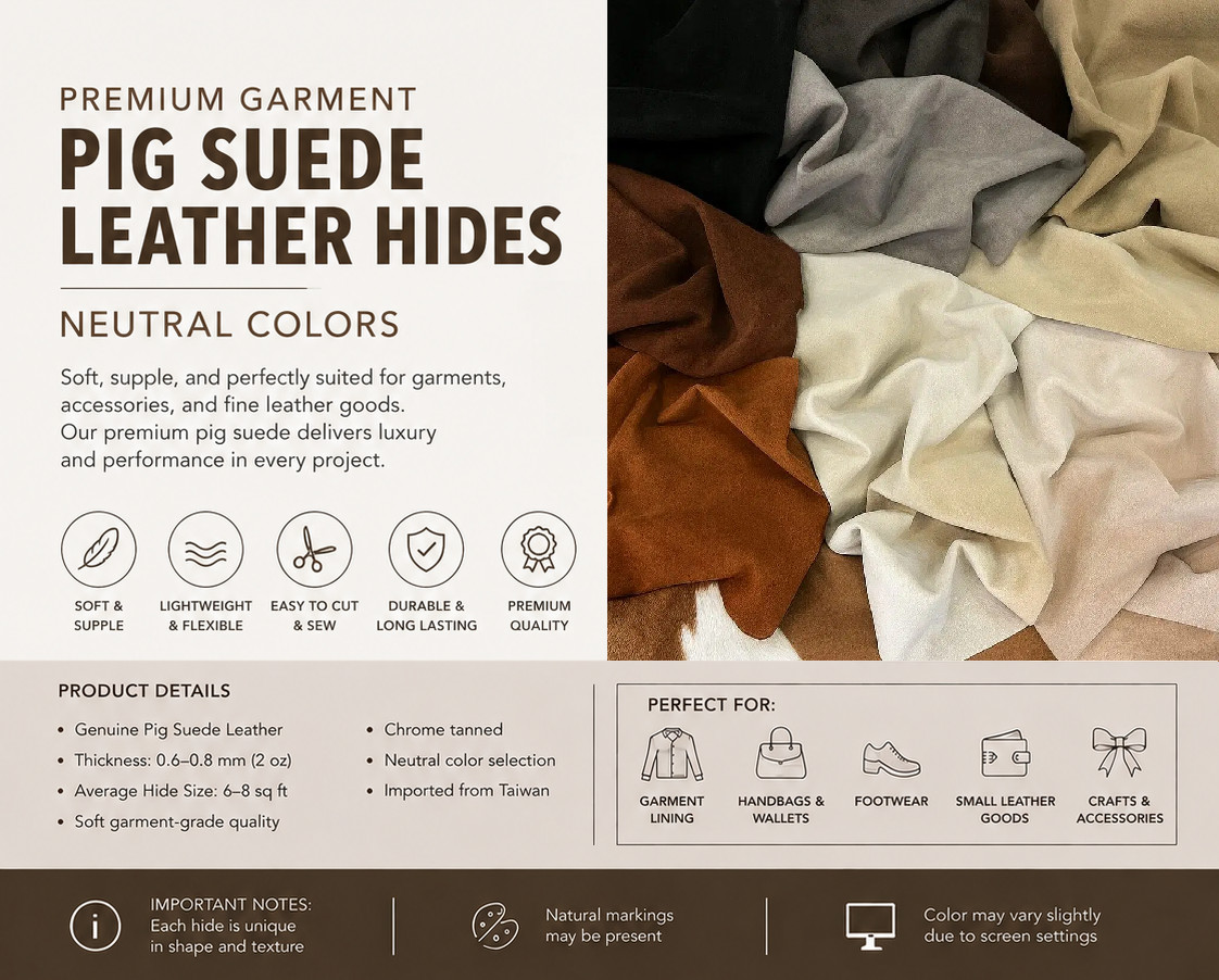Premium Pig Suede Leather Hide 2 oz Genuine Soft Garment Leather Neutral Colors