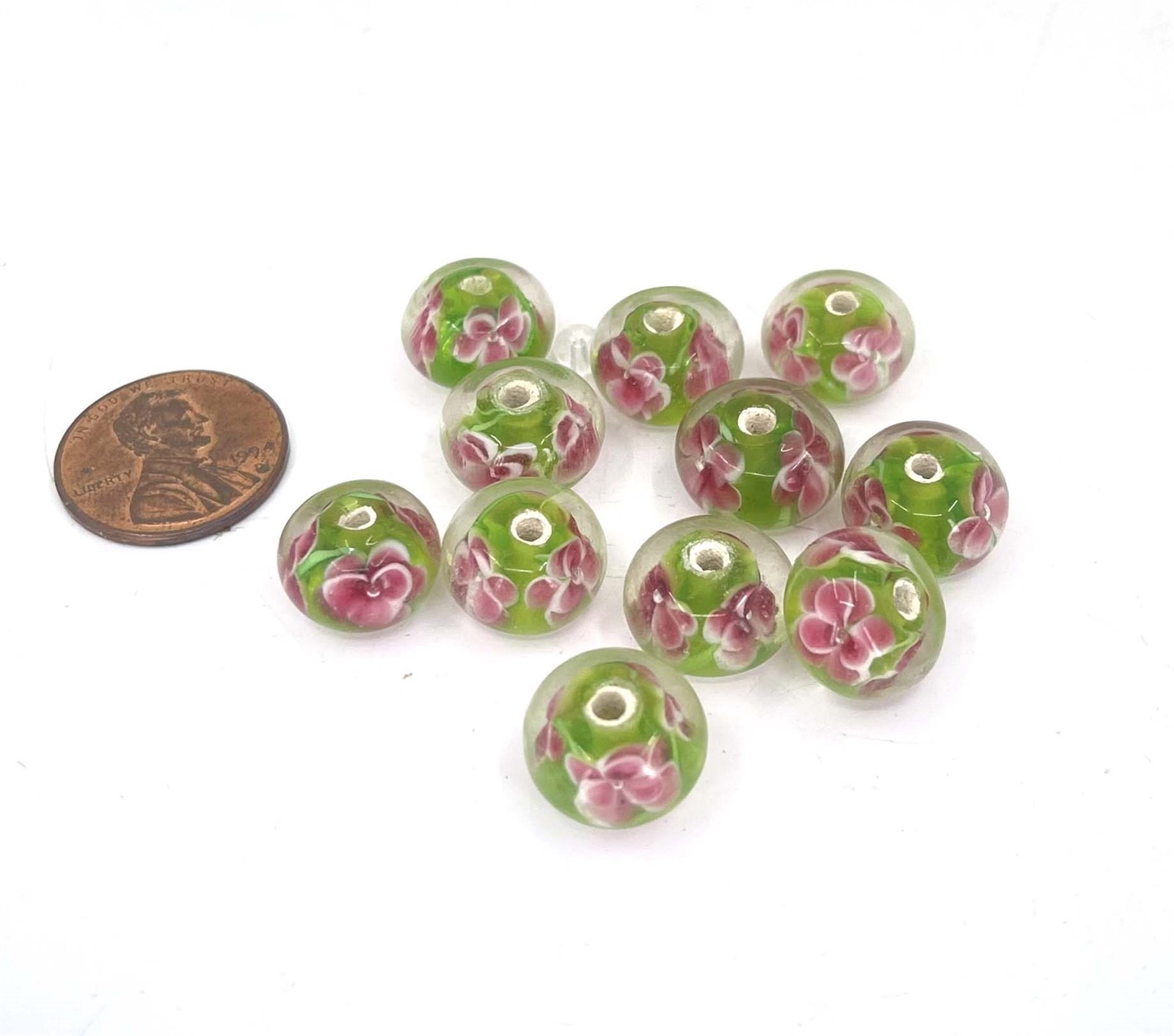 8 Handmade LAMPWORK Glass Pink Encased Flower Green Spacer Rondelle Beads