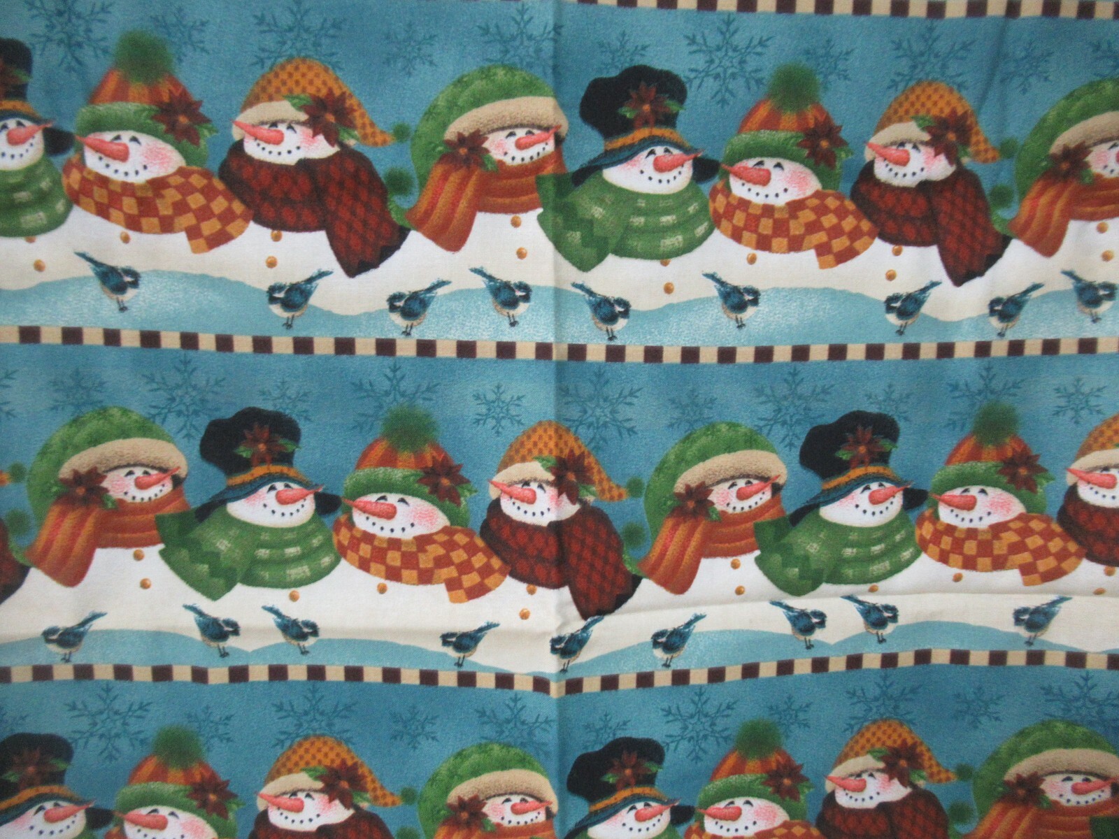 Cranston VIP Fabric SNOWMAN ALLOVER Angela Anderson BLUE MULTI VTG. 25″x43″ W