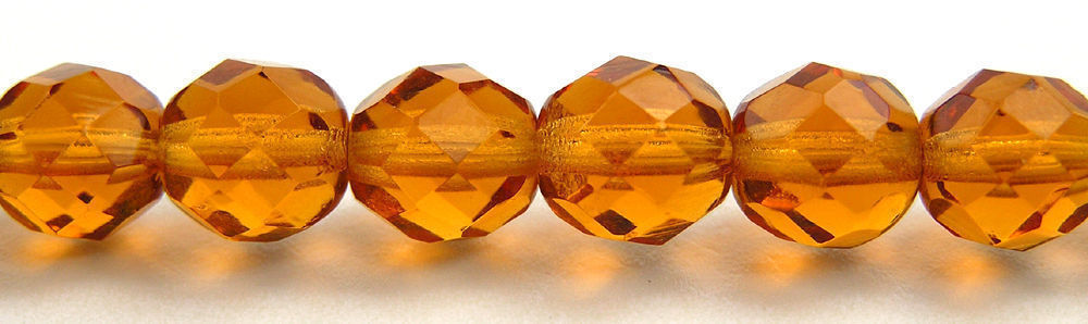 Czech Fire Polished Round Faceted Glass Beads in Topaz color, 16” golden brown