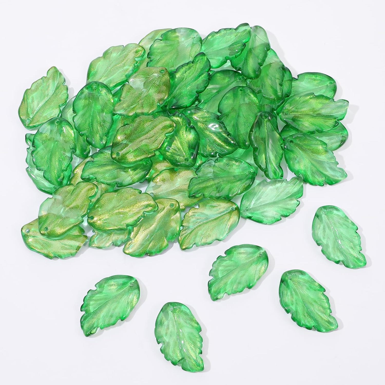 50Pcs Green Crystal Glass Leaf Beads, Leaf Shape Spacer Charms Translucent Czech