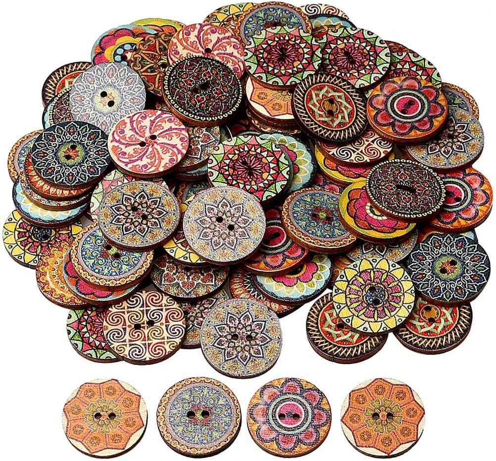 Eubags 100 Pcs Mixed Color Wood Buttons, 1 Inch Natural round Shapes Retro Vinta