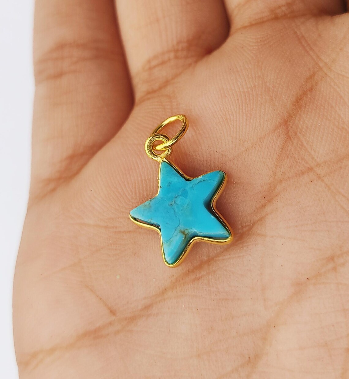 18k Gold Solid Turquoise Star Gold Charm Gemstone Pendant Handmade 10×10 mm