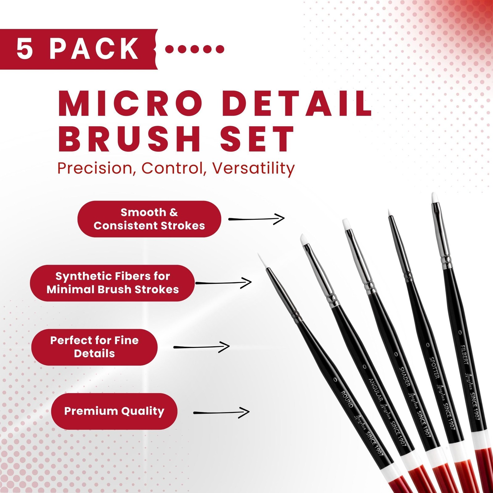 Angelus Micro Detail Paint Brush Set of 5 Synthetic Fibers, Small, Black
