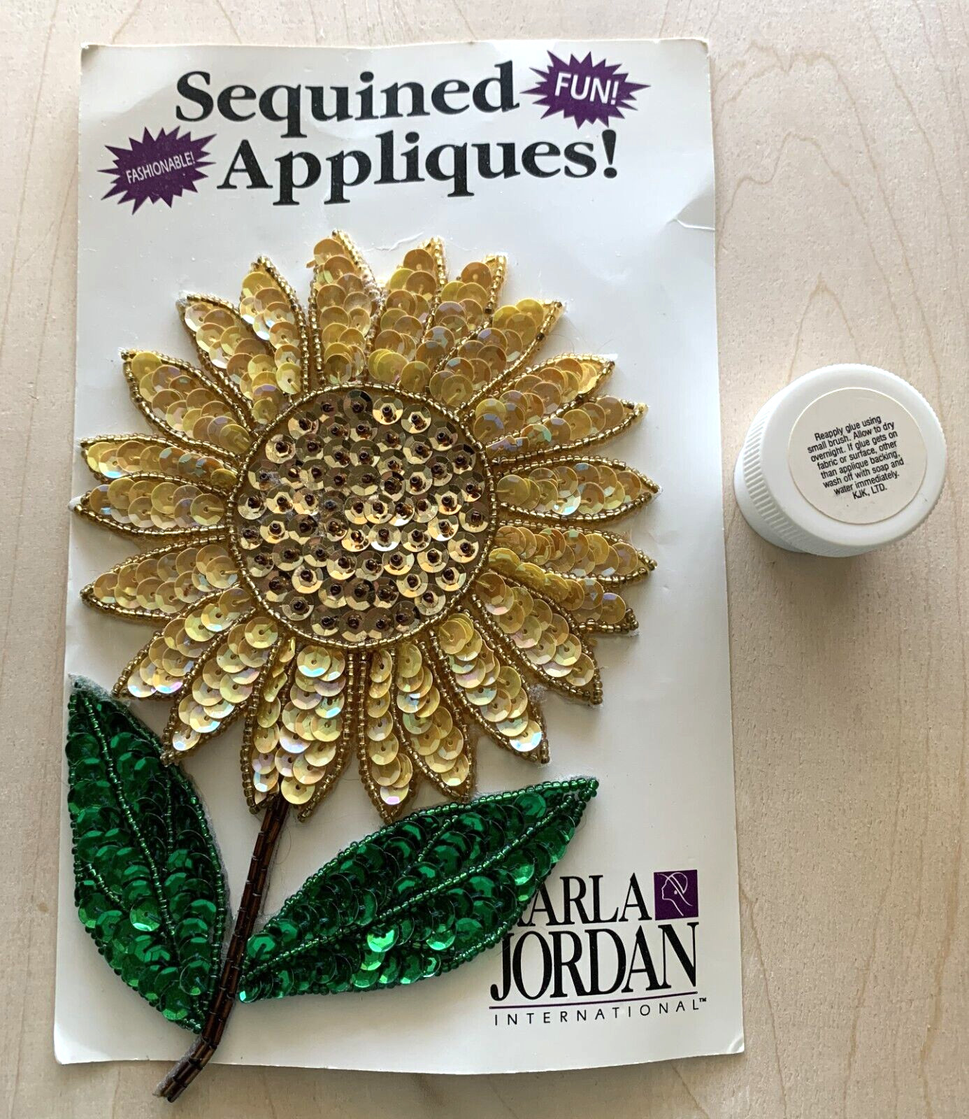 Sunflower Sequined Applique NIP Adhesive Karla Jordan 7″ Yellow Green