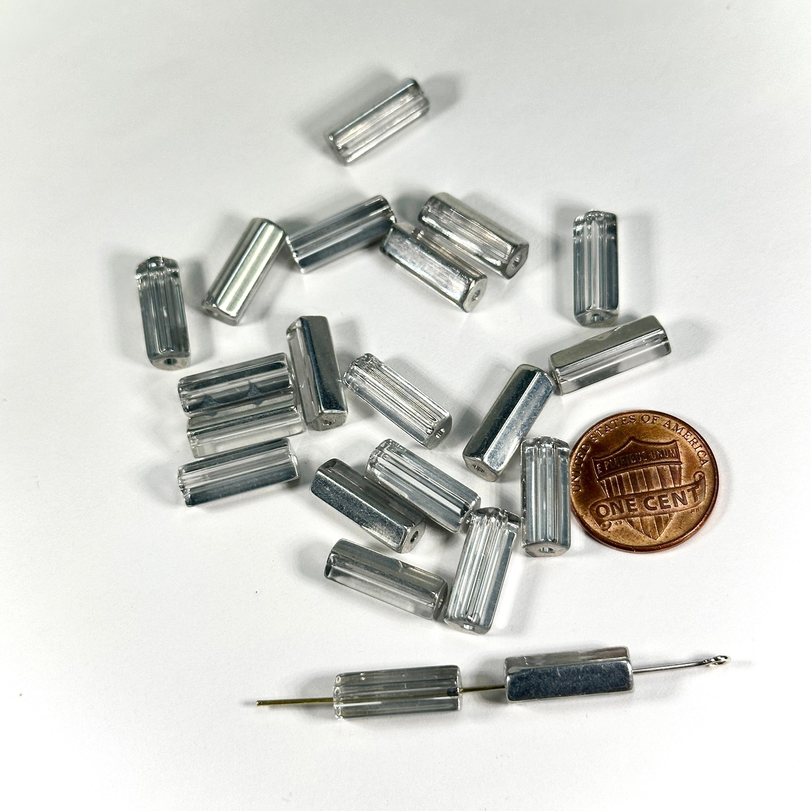 Czech Glass Atlas Tube Beads 15x6mm Crystal Labrador Silver Half 20pcs CL1082