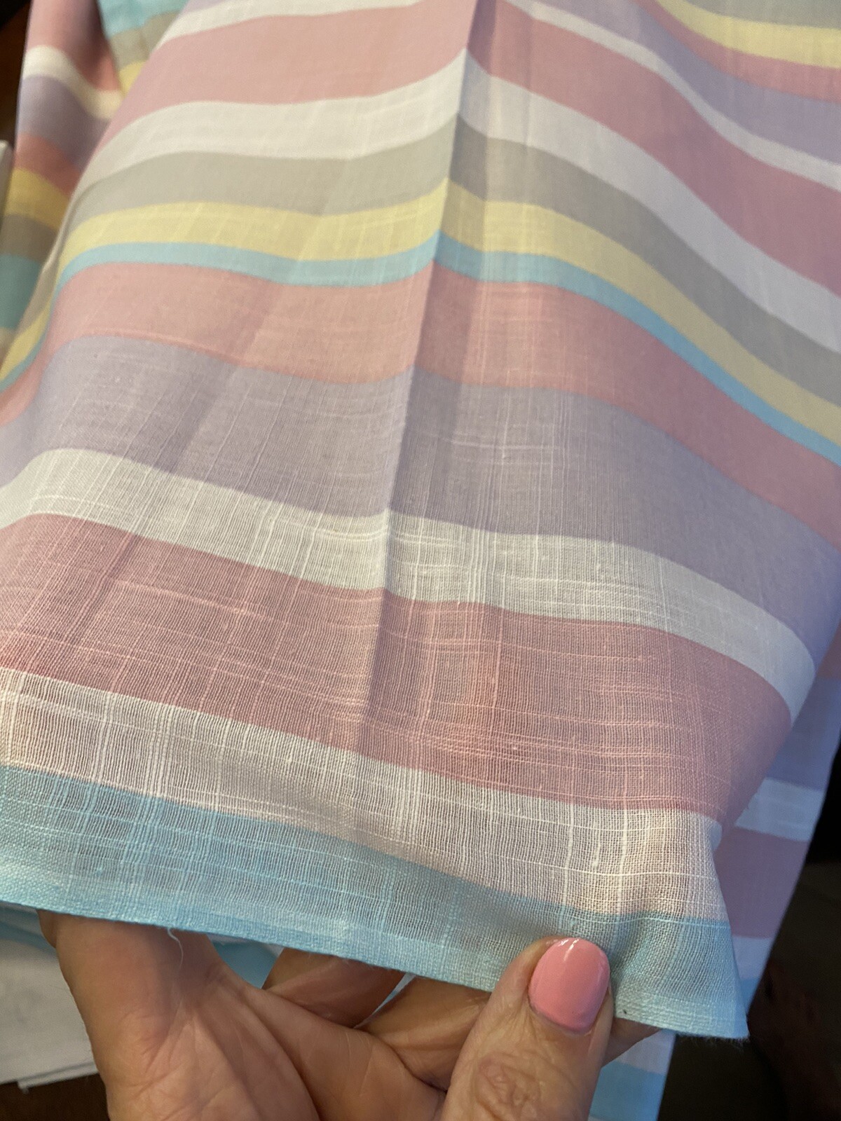 VTG WIDE Pastel Stripe Purple Yellow Pink Cotton Fabric Linen Texture 58″W BTY