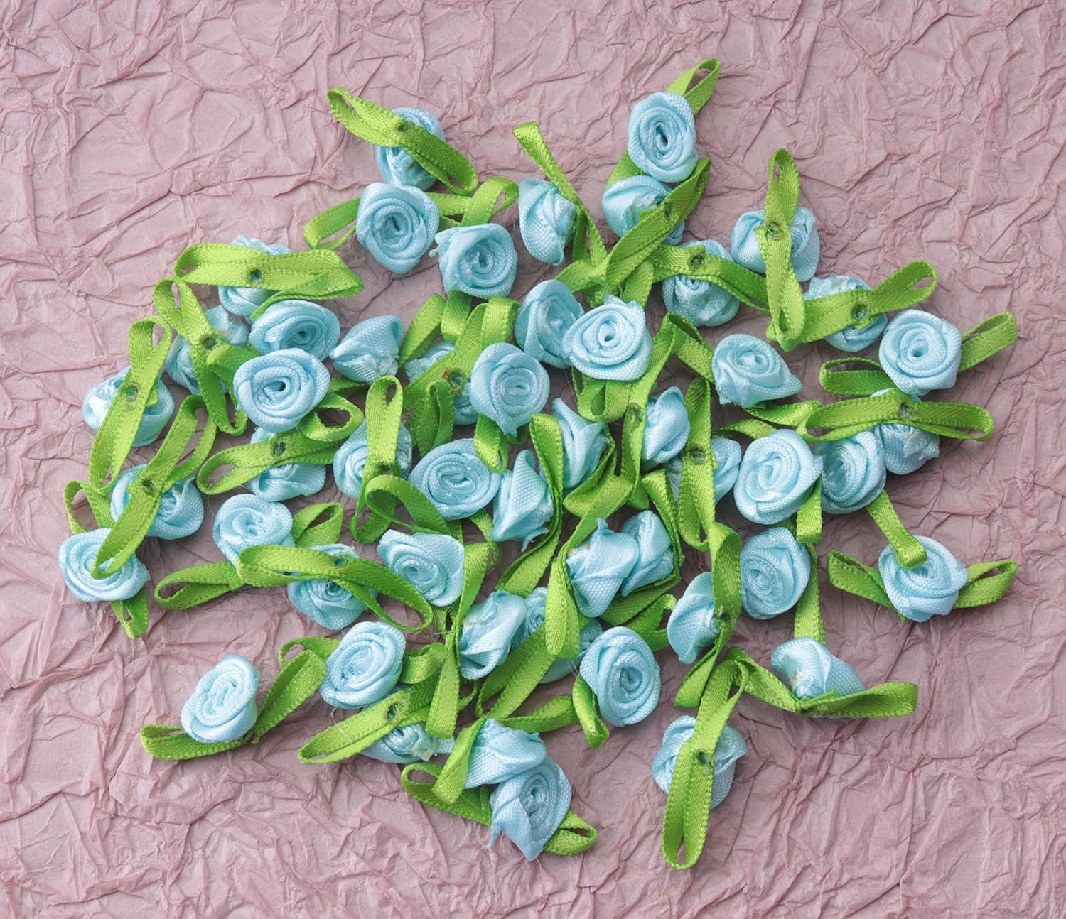 50 Pcs Satin Roses with Green Leaves Mini Cute Ribbon Bows Fabric Artificial Flo