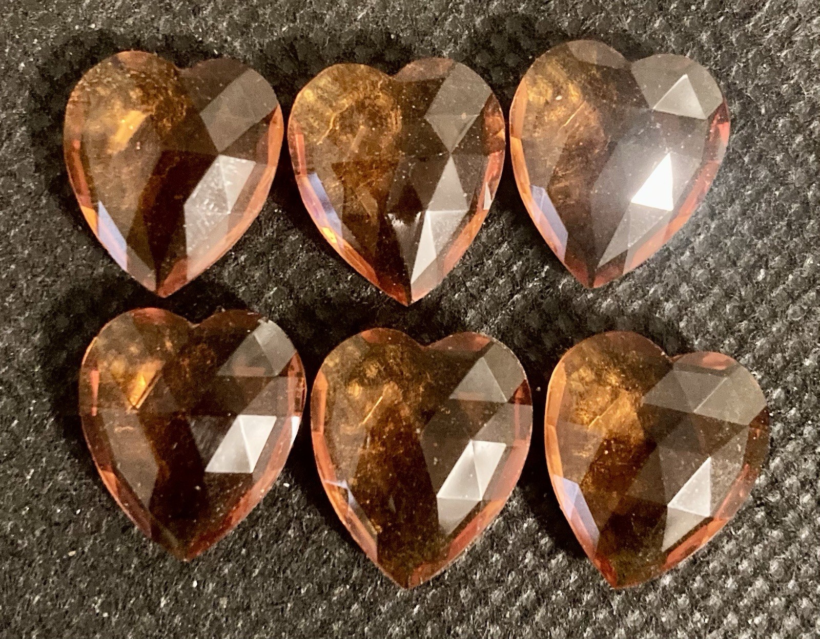 Czech 1950 Transparent 16mm Heart Shaped Amber Colored Glass Cabochons Lot of 6