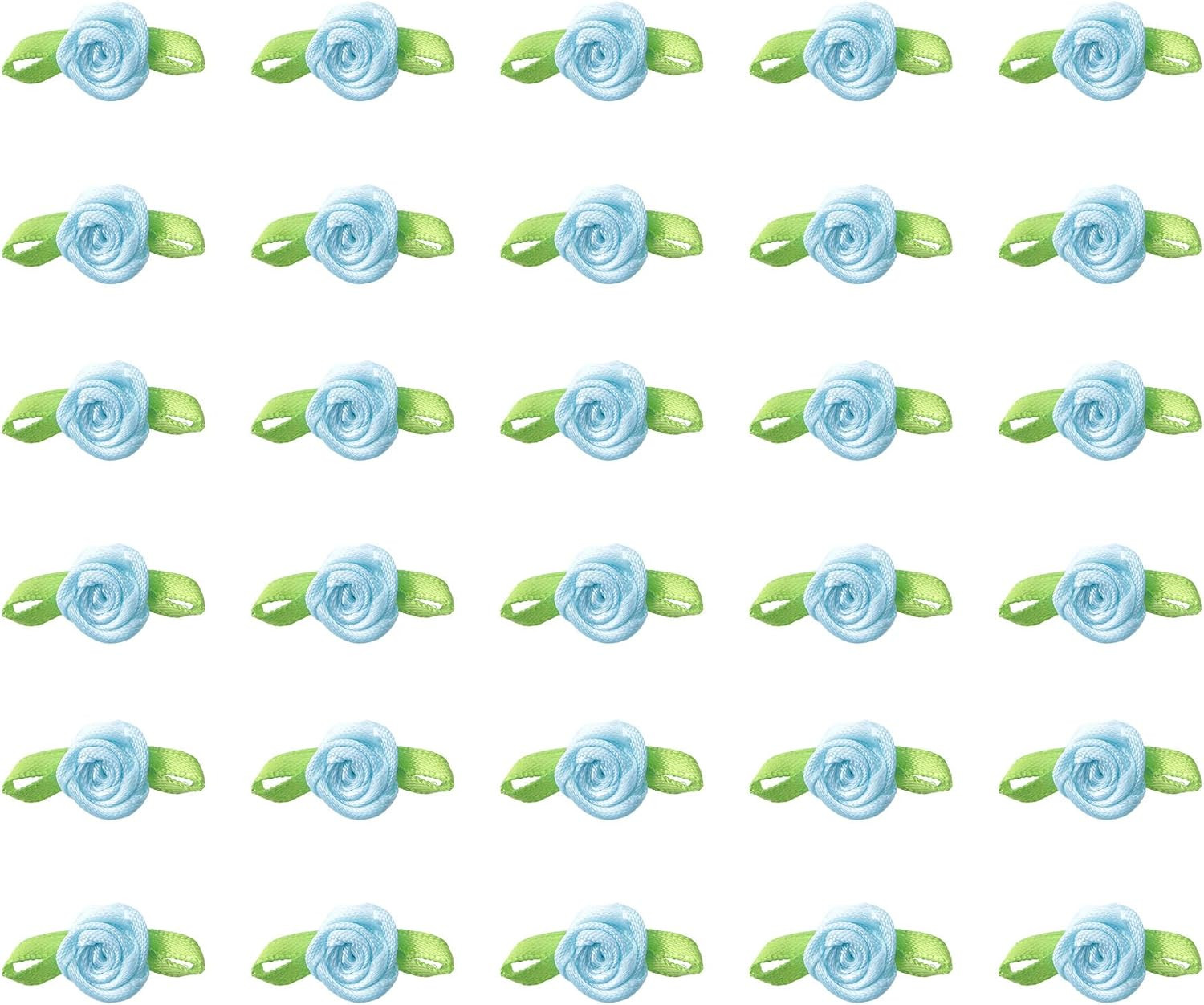 50 Pcs Satin Roses with Green Leaves Mini Cute Ribbon Bows Fabric Artificial Flo