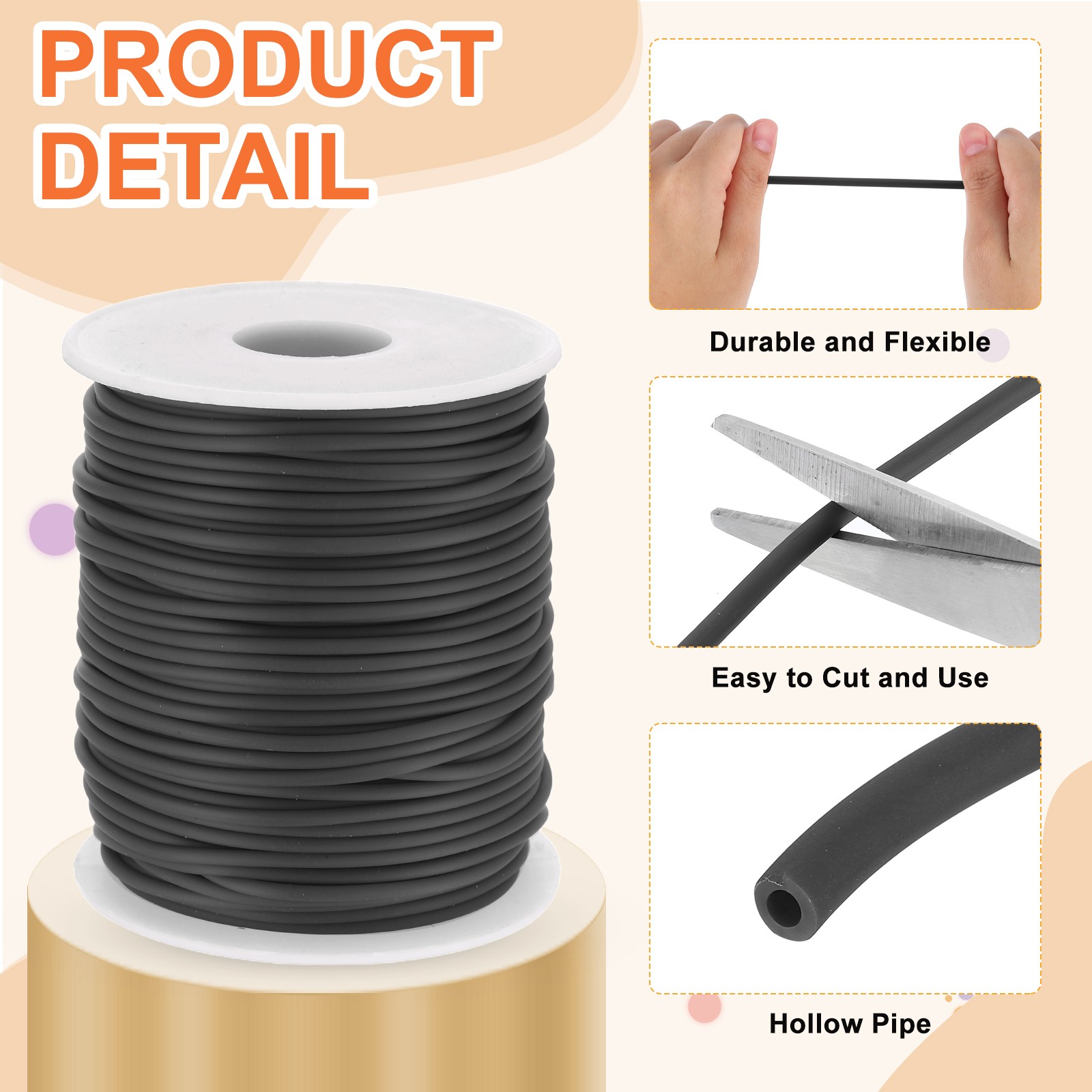 54.7 Yards Hollow Pipe Tubing Rubber Cord Knitting Barber Cord Black]