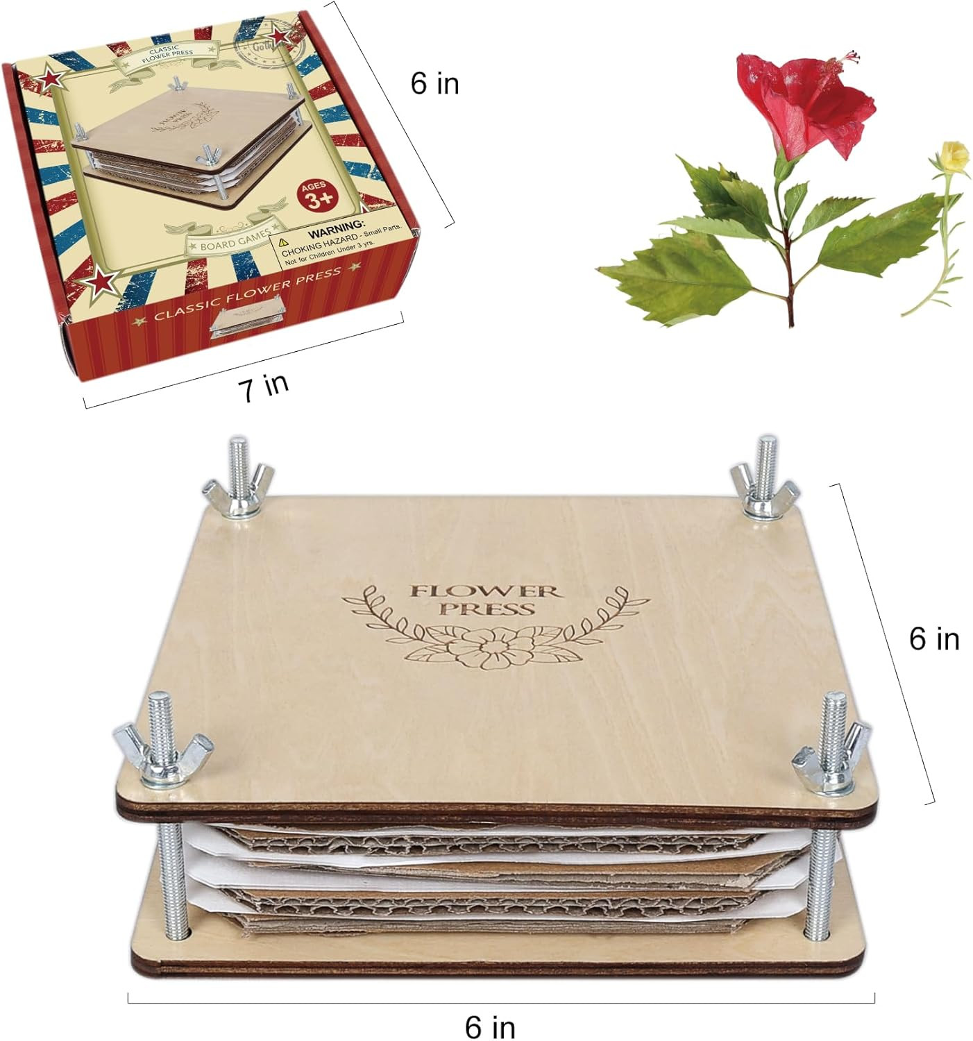 6 Layer Flower Press Kit 6 x 6 Inch Wooden Press for Dried Flowers and Leaf Craf