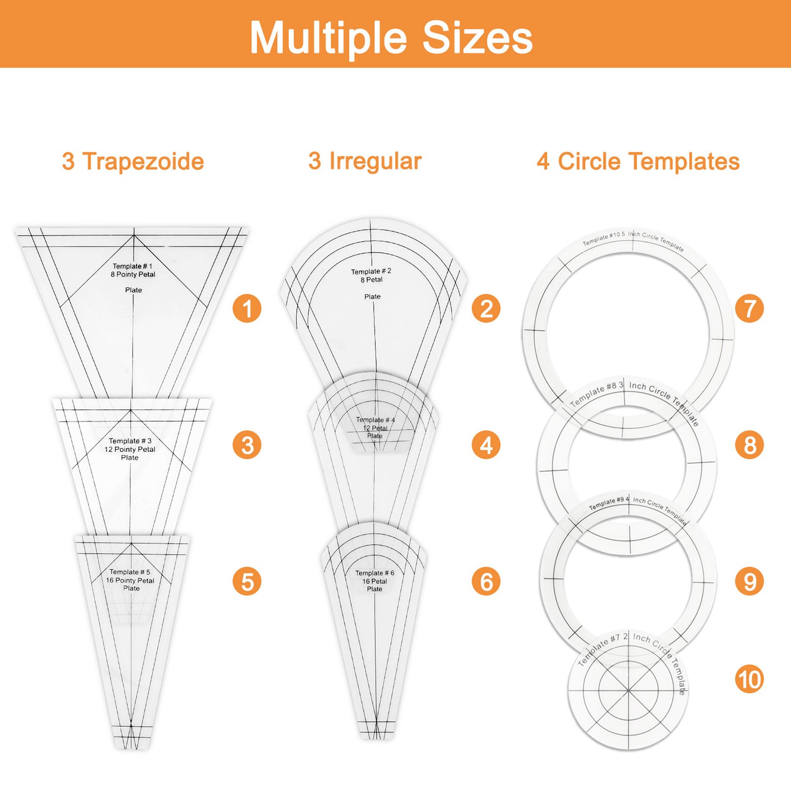 10 PCS Acrylic Quilting Ruler Set Transparent Patchwork Templates for DIY Sewing
