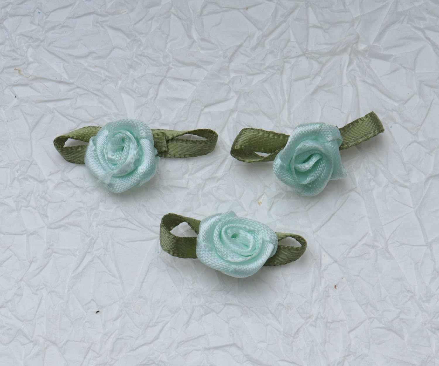 50 Pcs Satin Roses with Green Leaves Mini Cute Ribbon Bows Fabric Artificial Flo