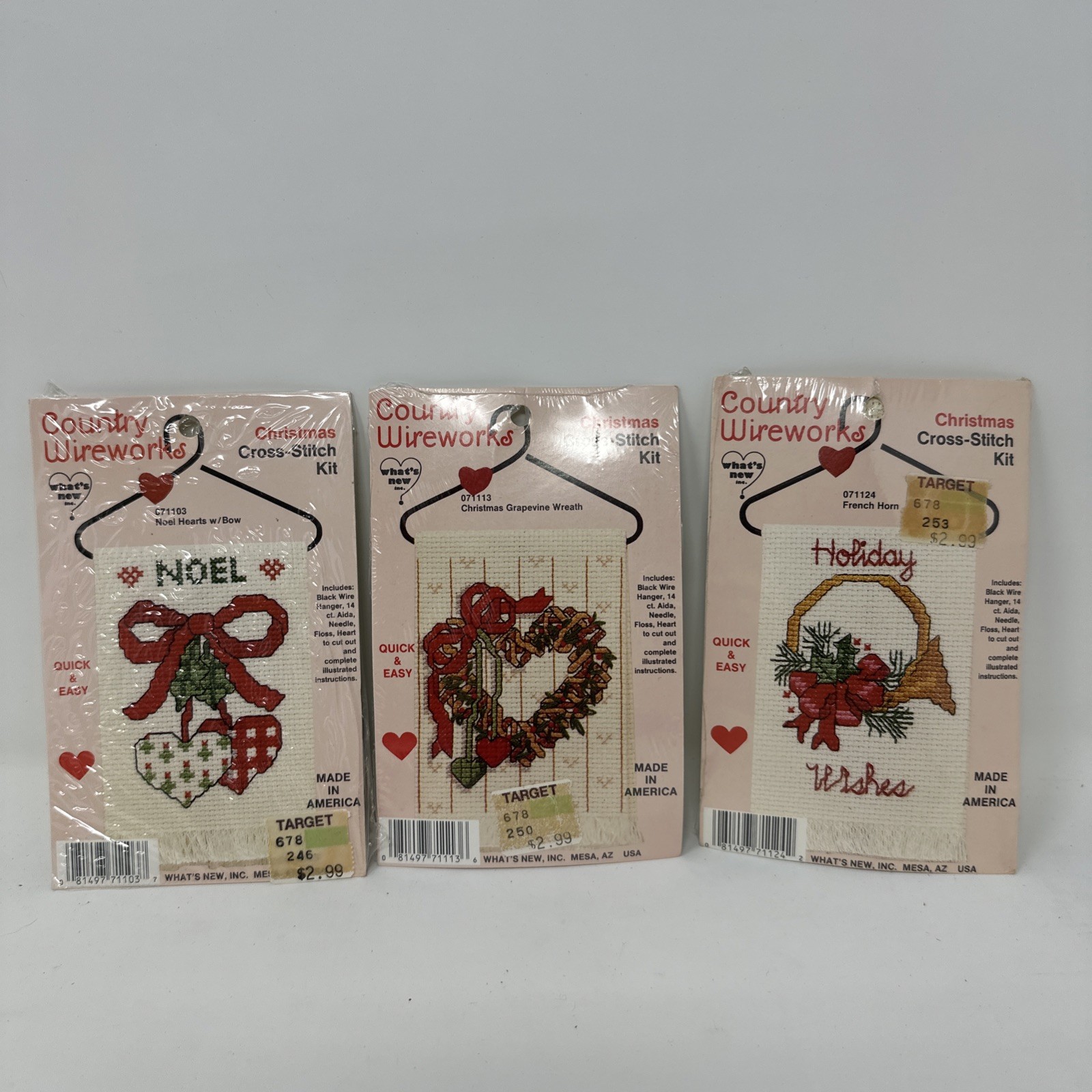 Country Wireworks Lot of 3 Christmas Wire Hanger Cross Stitch Kits New Old Stock