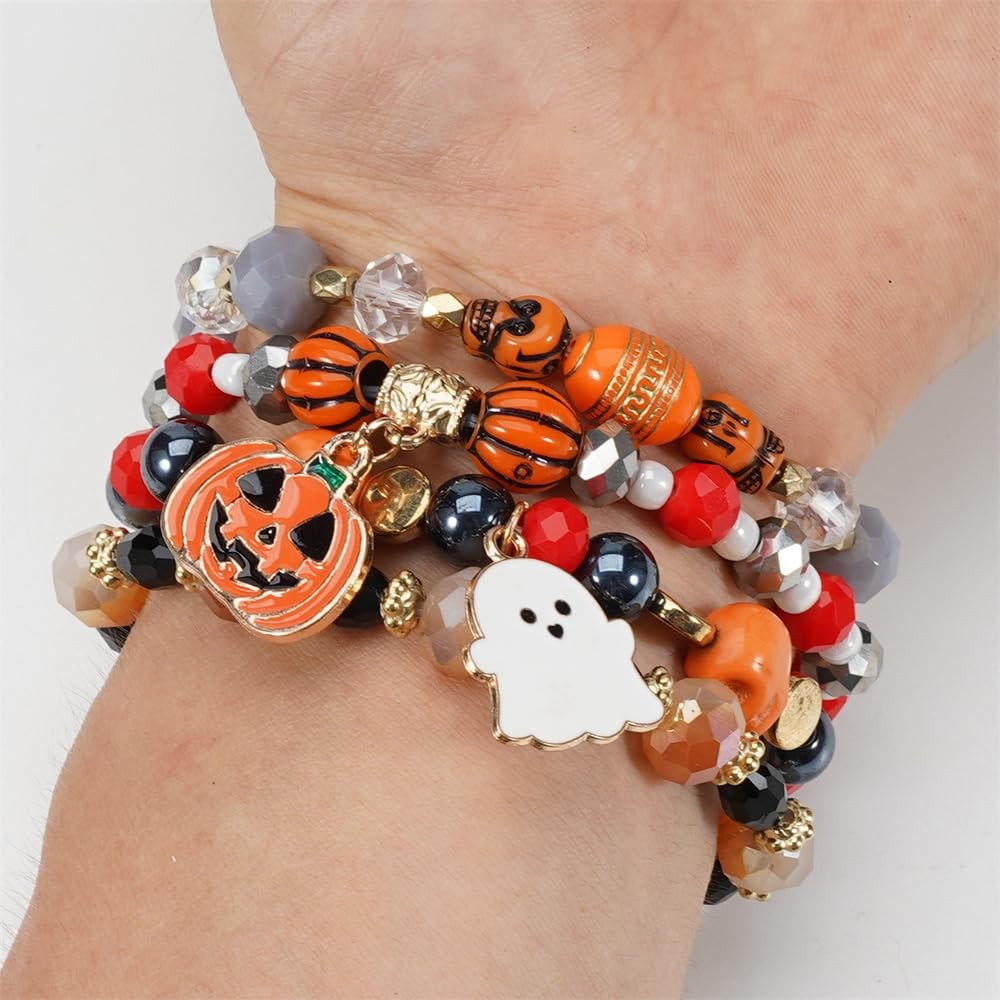 Halloween Bracelet Set Stack Spooky BOO Vinyl Disc Bead Artificial Crystal – 01