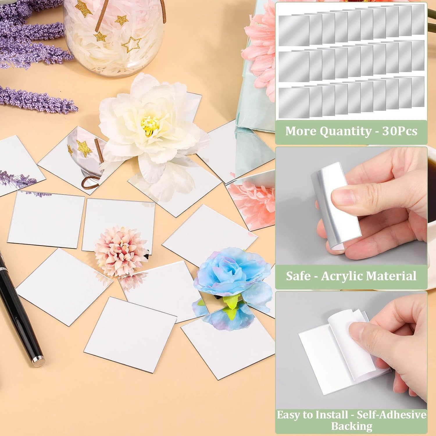 30 PCS Acrylic Mini Mirror Tiles Self Adhesive, 2 Inches Square High-Definition