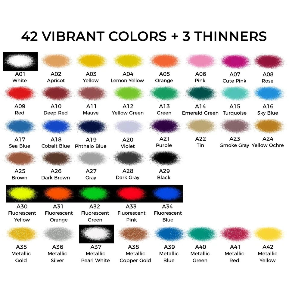 42 Color Acrylic Airbrush Paint Set with Thinners – Opaque, Metallic, Neon