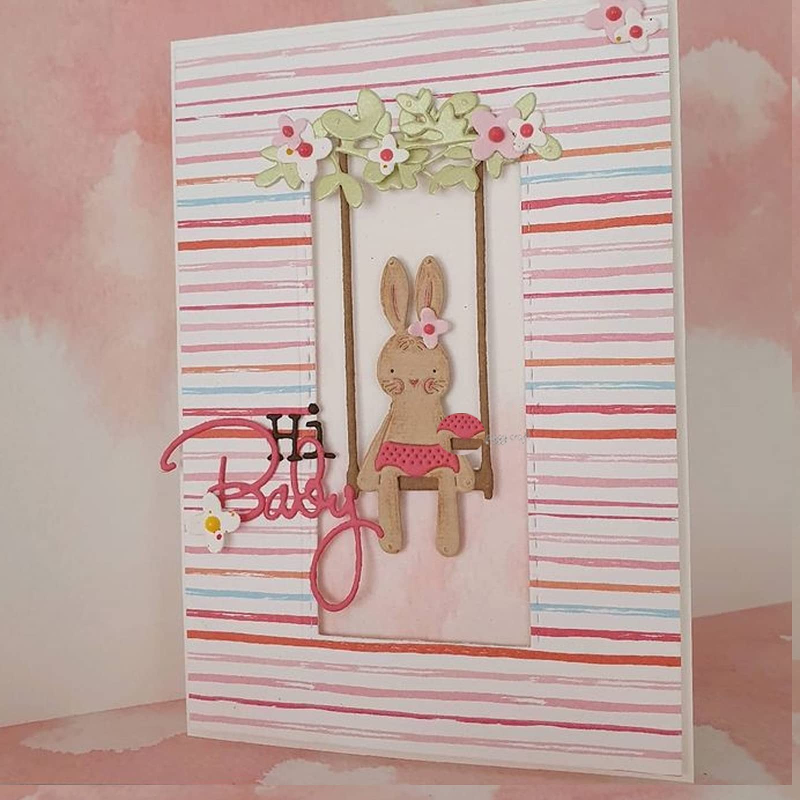 Swing Bunny Rabbit Metal Die Cuts,Flower Leaf 8×5.9cm/3.14X2.32inch, Silver