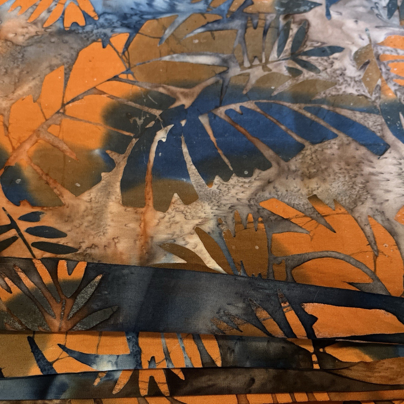 Paradise Tropical Orange Blue Large Leaves Batik Fabri Quilt 2.5 Yards
