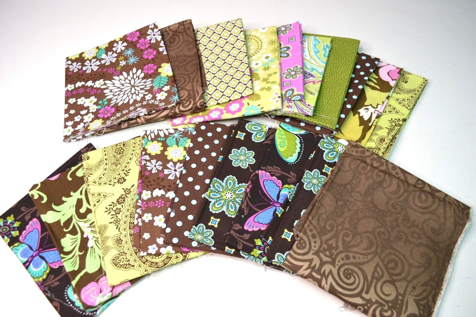 19 Pc FQ Bundle Coordinating Cotton Fabric Lime Pink Brown Turquoise Moda Miller
