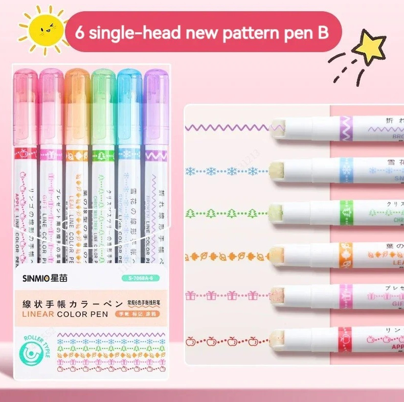 6pcs Flower Curve Highlighter Roller Tip Kawaii Marker Set Office Supplies Gifts