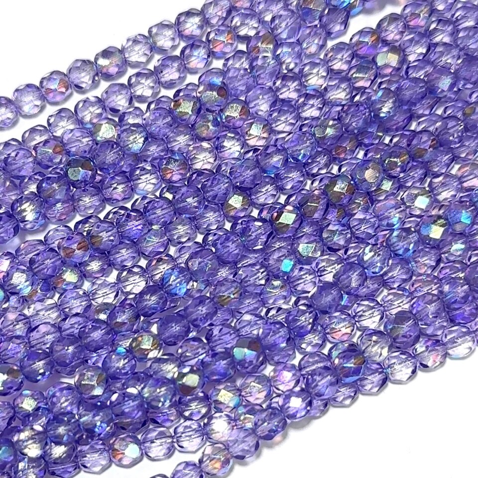 Crystal Purple Lavender AB ctd Czech Fire Polished Faceted Glass Beads 6mm 68pcs