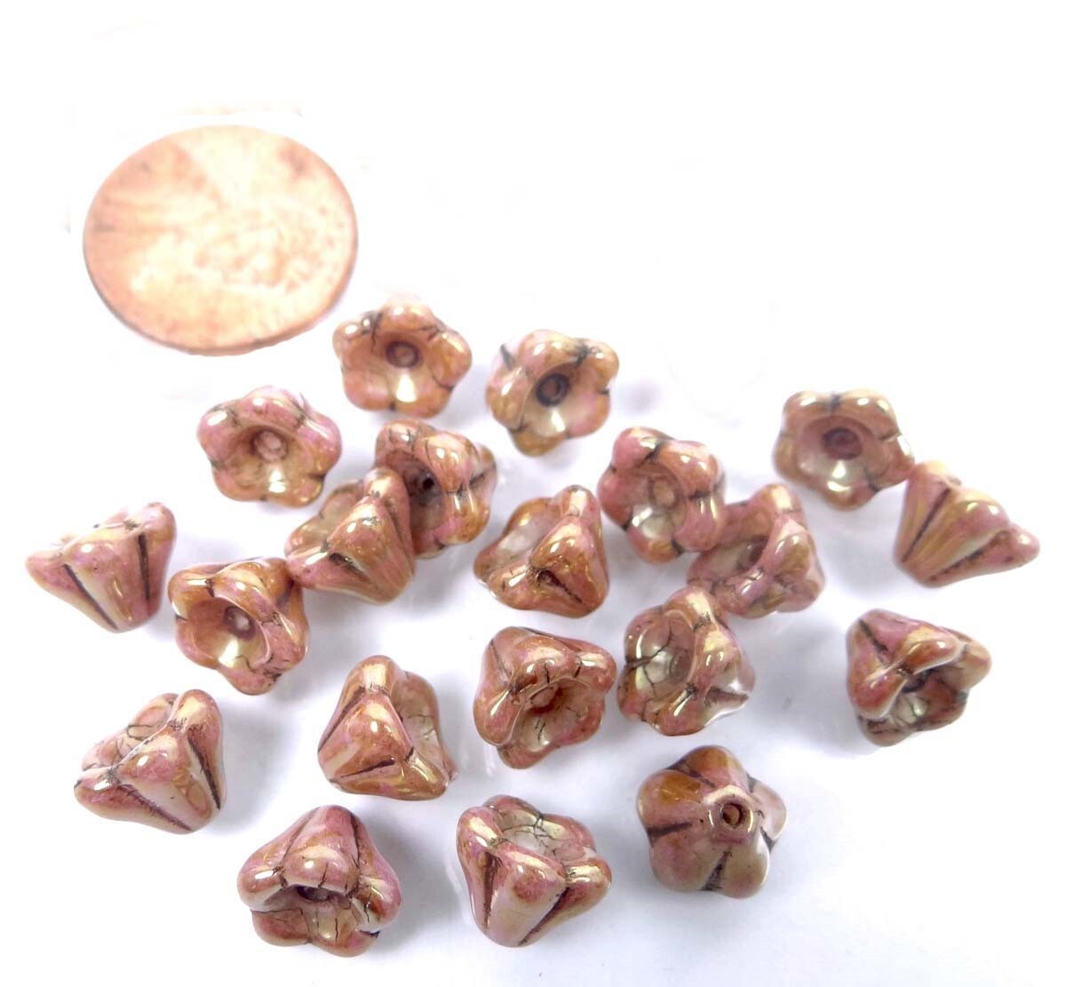 25 Czech Glass Baby Bell Flower Beads – Luster – Opaque Rose/Gold Topaz 8x6mm