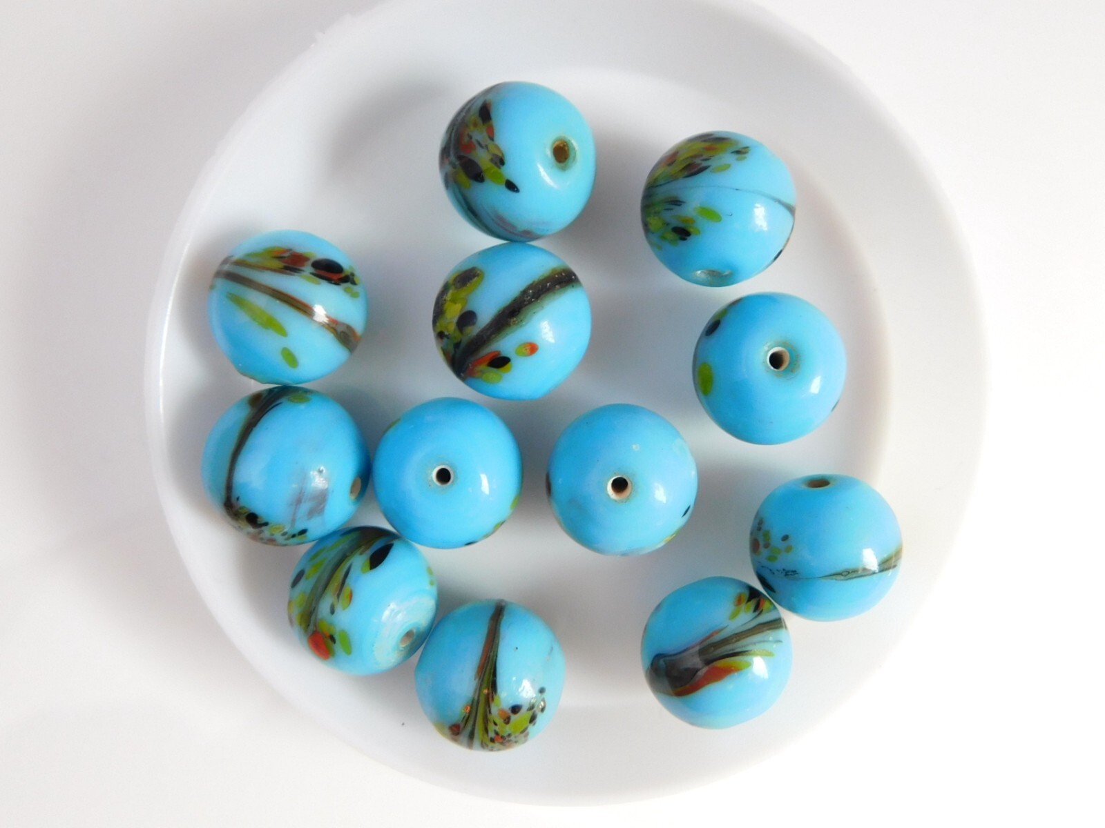 Vintage Blue Lampwork Glass Beads With Hand-Painted Dots and Swirls 10mm Lot