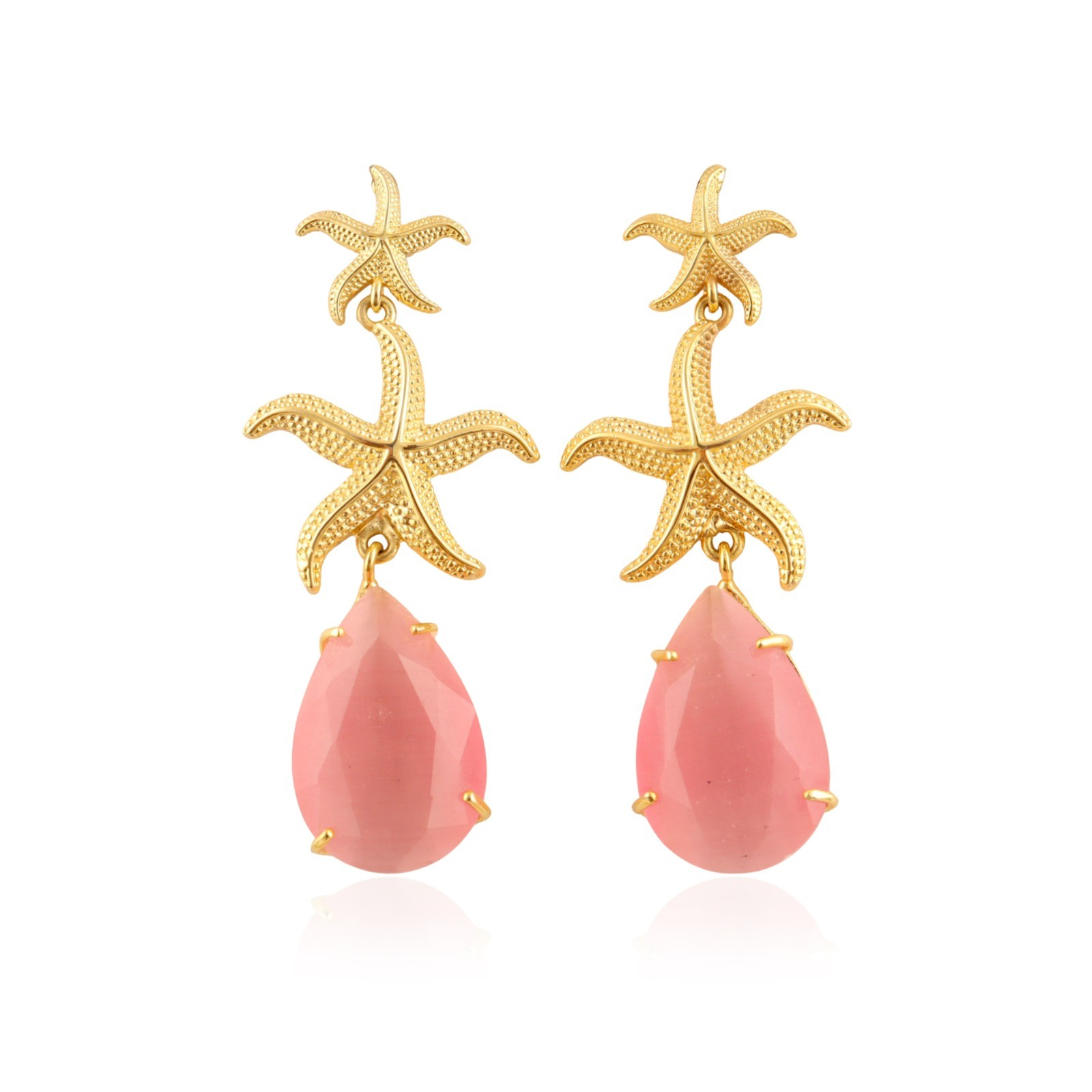 Natural Pink Faceted Gemstone Starfish Earring Gold Plated Modern Jewelry