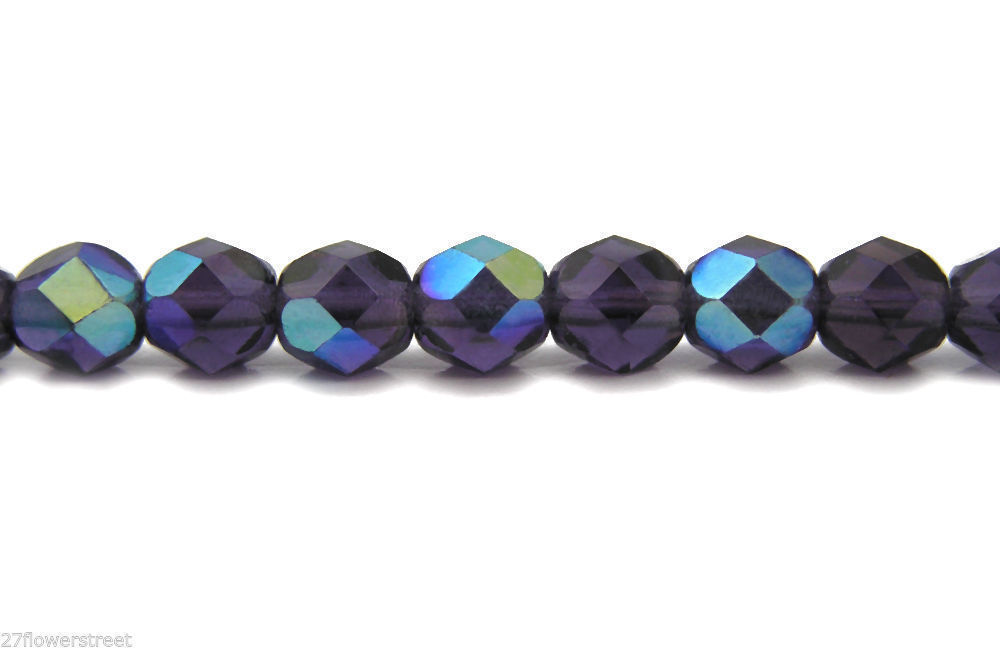 Czech Fire Polished Round Faceted Beads in Tanzanite AB coated, 16” deep purple