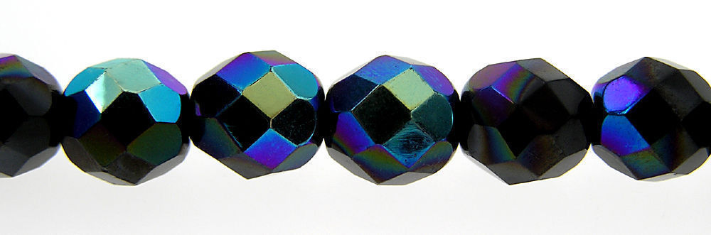 Czech Fire Polished Round Faceted Glass Beads in Jet black AB coated, 16″ strand