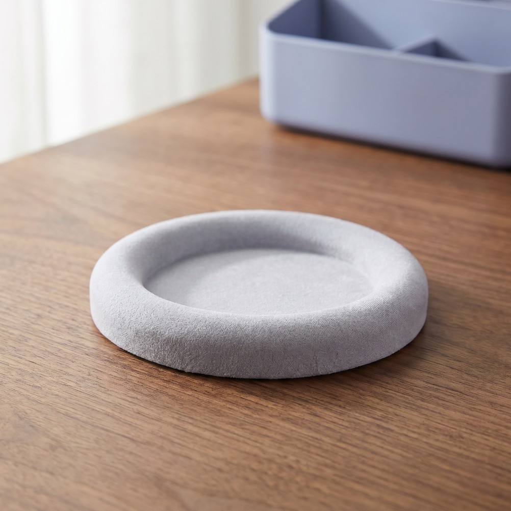 Decorative Round Jewelry Tray with Wrinkle Resistant Velvet Light Grey