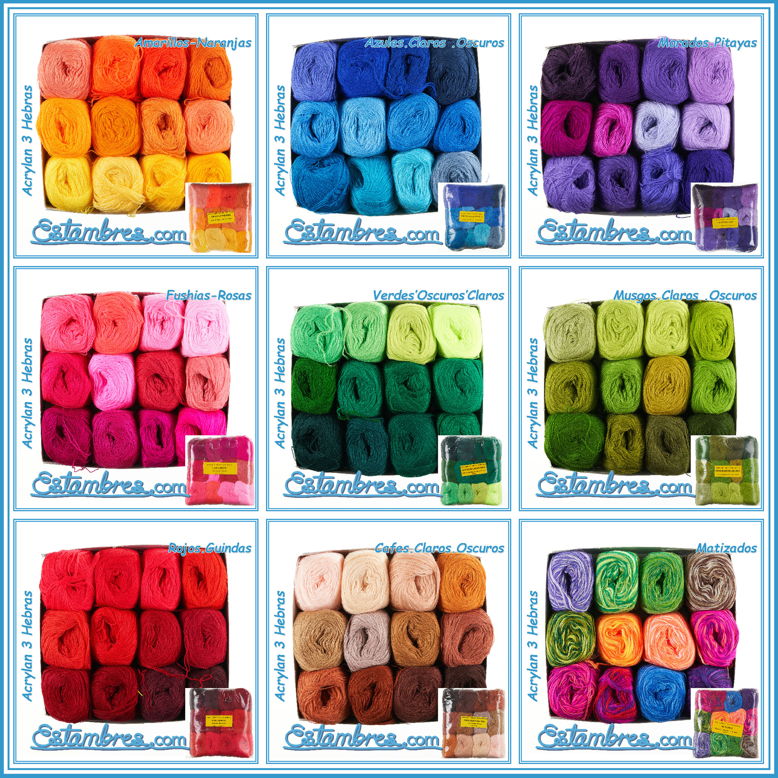 ACRILAN 3 HEBRAS [Multicolor Pack] – 15grs 12-Pack of 3-thread yarn for crafts