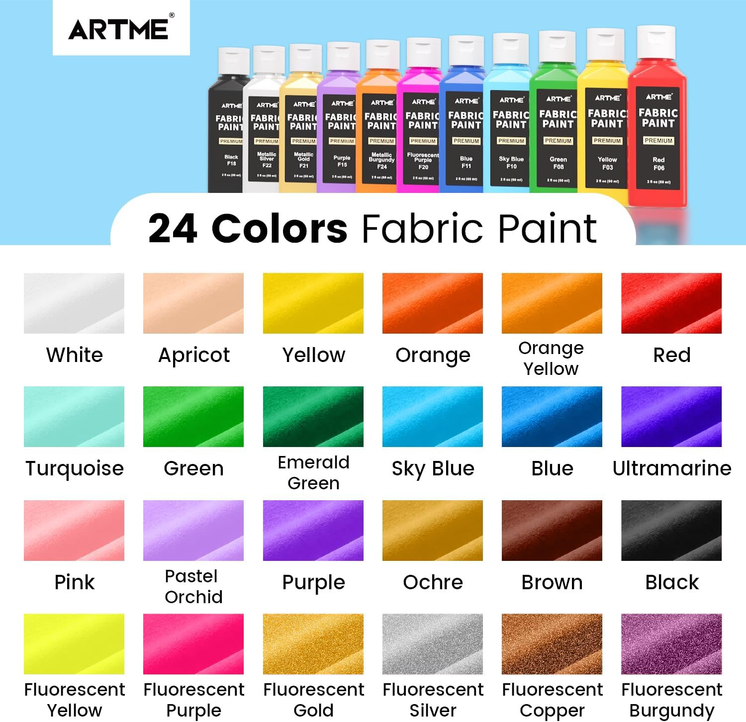 24 Colors Fabric Paint (60Ml/2Oz), Permanent Soft Fabric Paint Set with 10 Brush