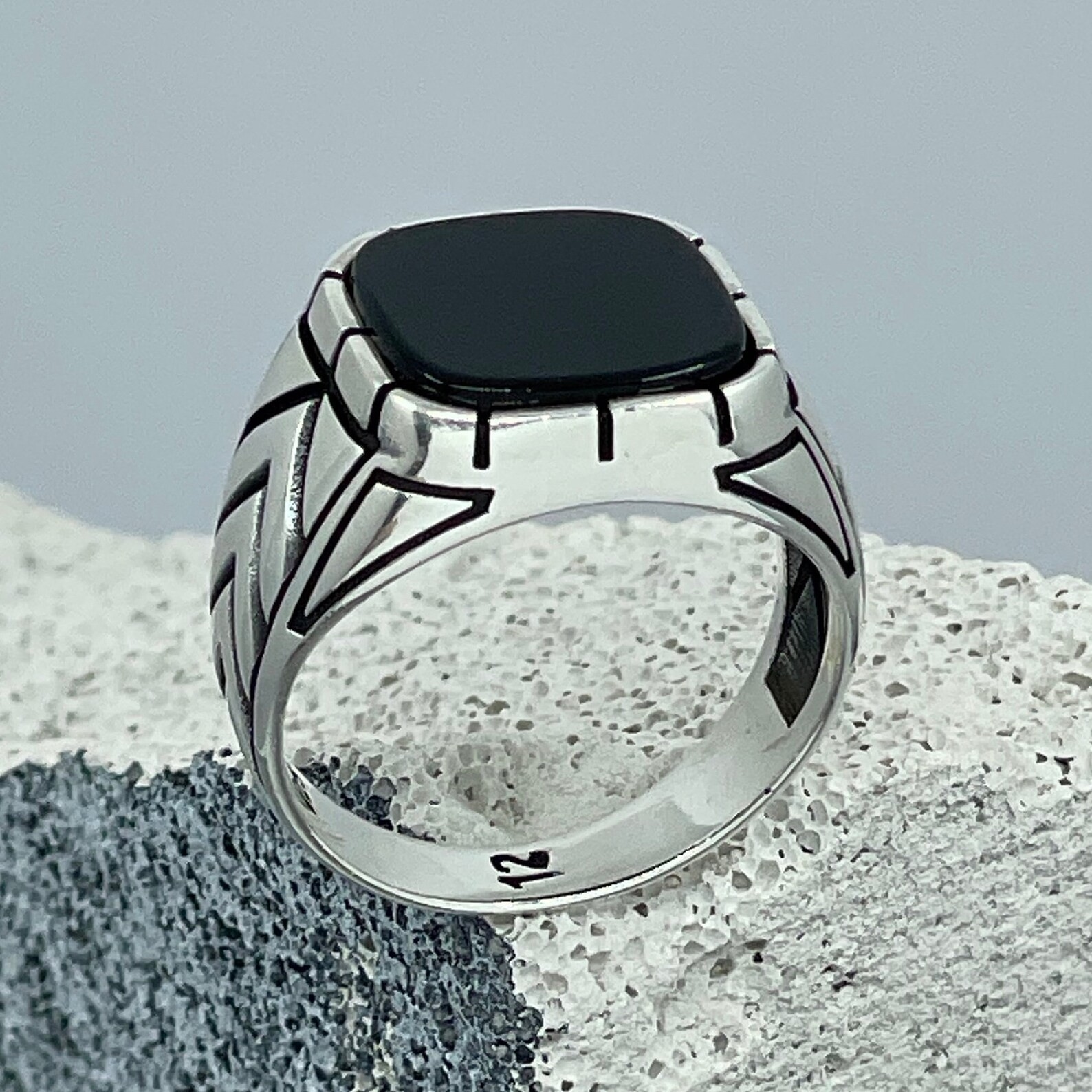 Cushion Black Onyx Men’s Ring, Chevron Arrow Design, Vintage Punk Gothic Stateme