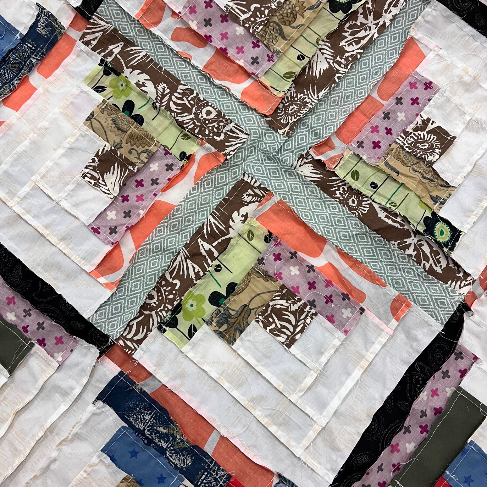 Handmade Log Cabin Star Baby Quilt Top 47×47″ Pieced~ BABY/BED/Wall Decor