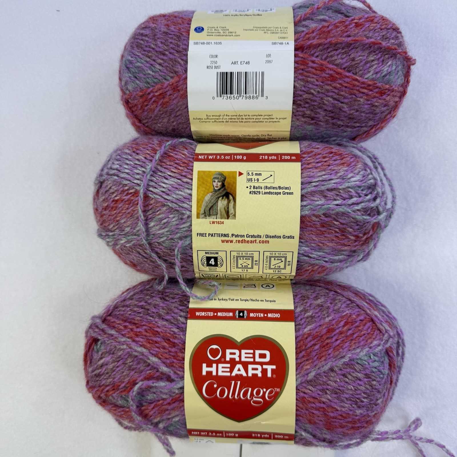 3 Skeins Red Heart Collage Worsted Yarn Med 4 2250 Rose Dust Lot 2097 1039