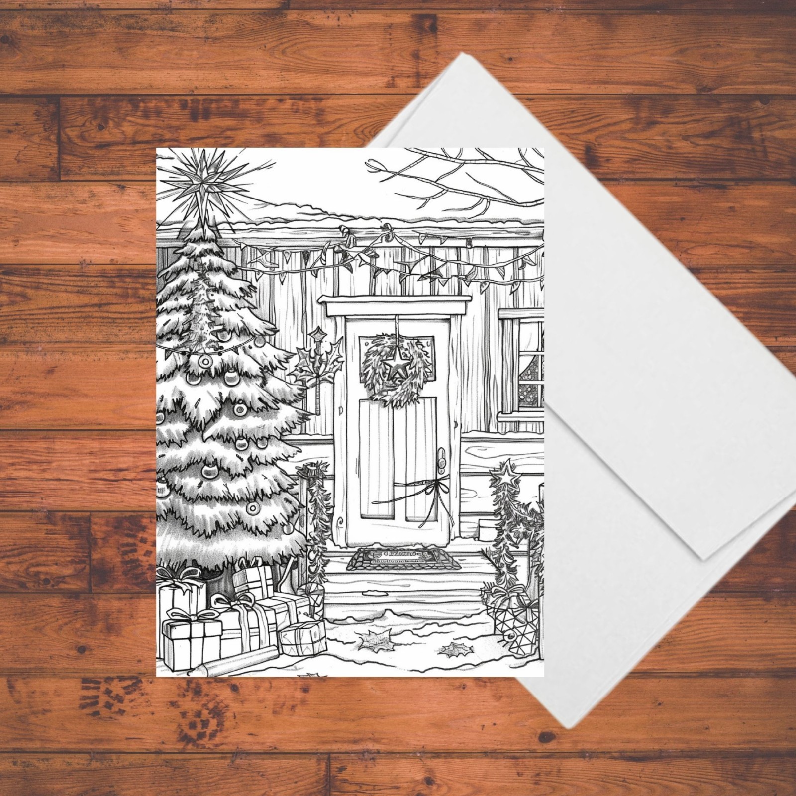 Country Christmas Coloring Cards: DIY 5 x 7 Greeting Card Kit with Envelopes