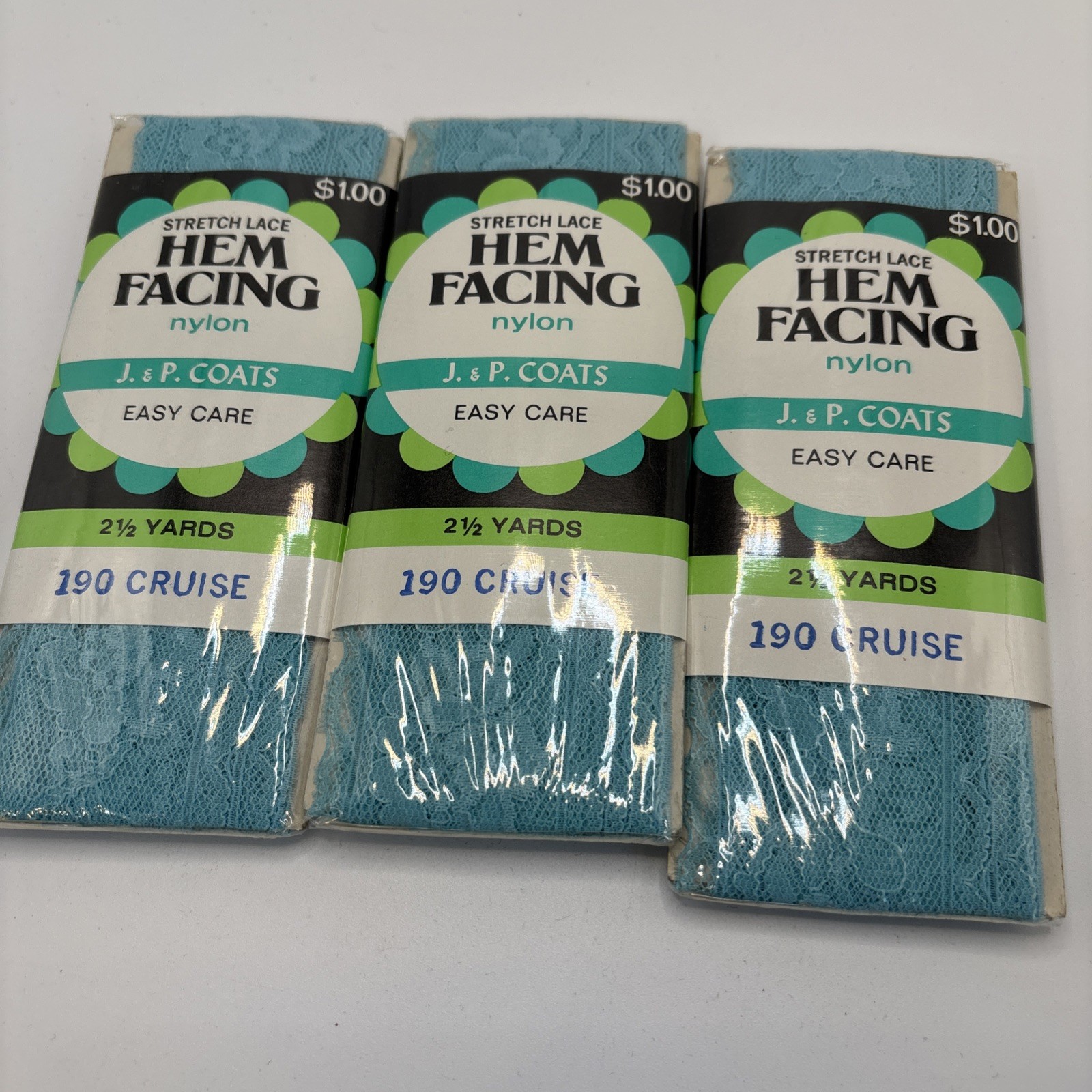 3 Vintage J.P. Coats 2.5 Yards Stretch Lace Hem Facing Cruise Blue W2