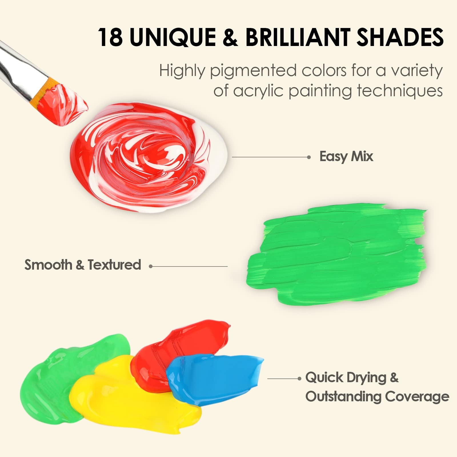 GOTIDEAL Acrylic Paint Set with 10 Brushes, 2 Fl Oz (Pack of 18), 18 Colors