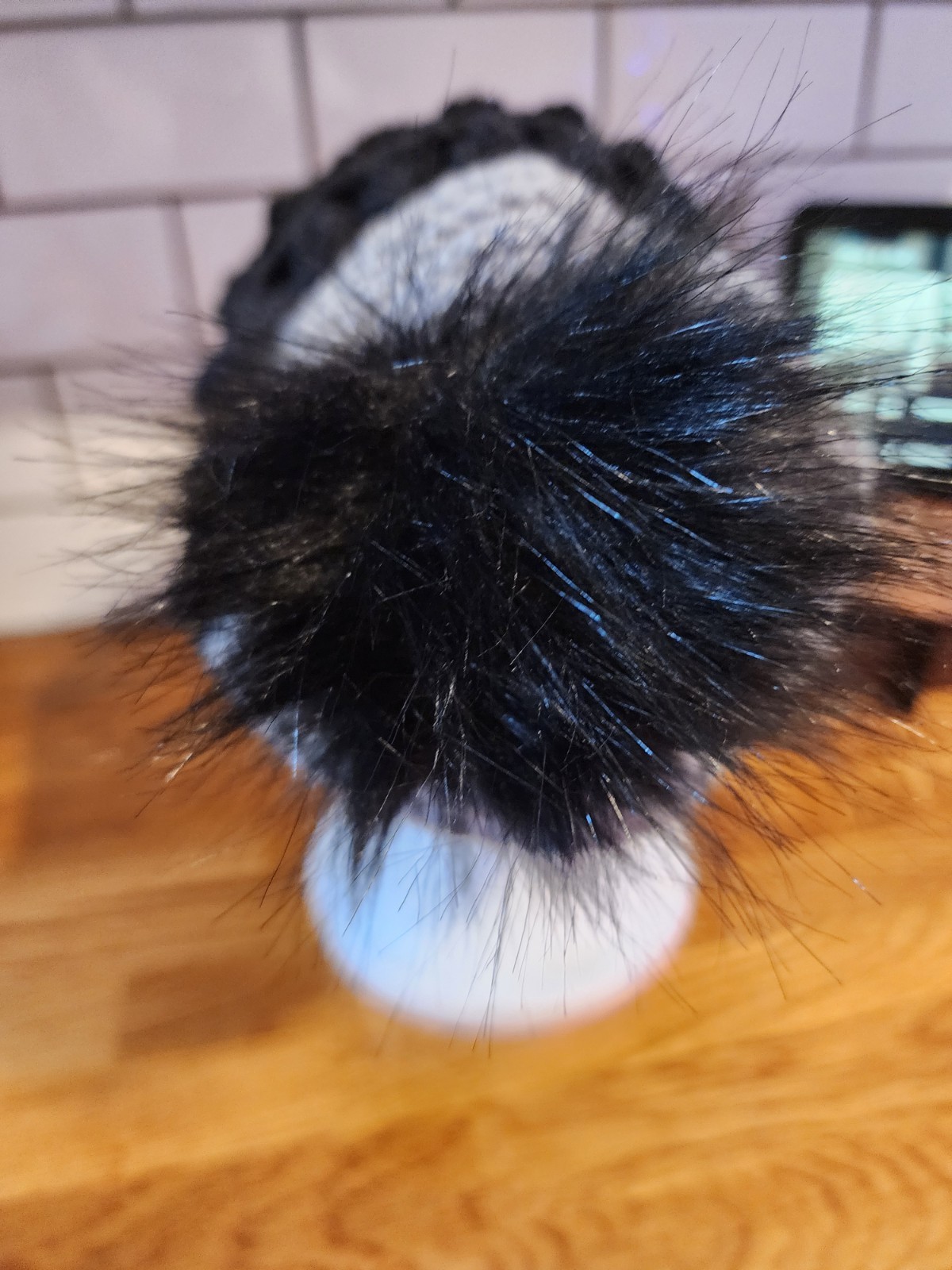 Black And Gray Handmade Crochet Winter Hat Faux Fur Pom Unisex Adult Sz