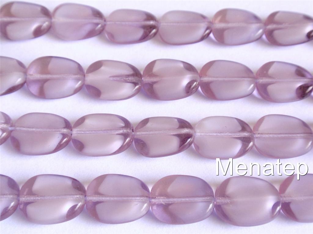 25 12 x 9 mm Czech Glass Twisted Flat Oval Beads: Light Amethyst / White