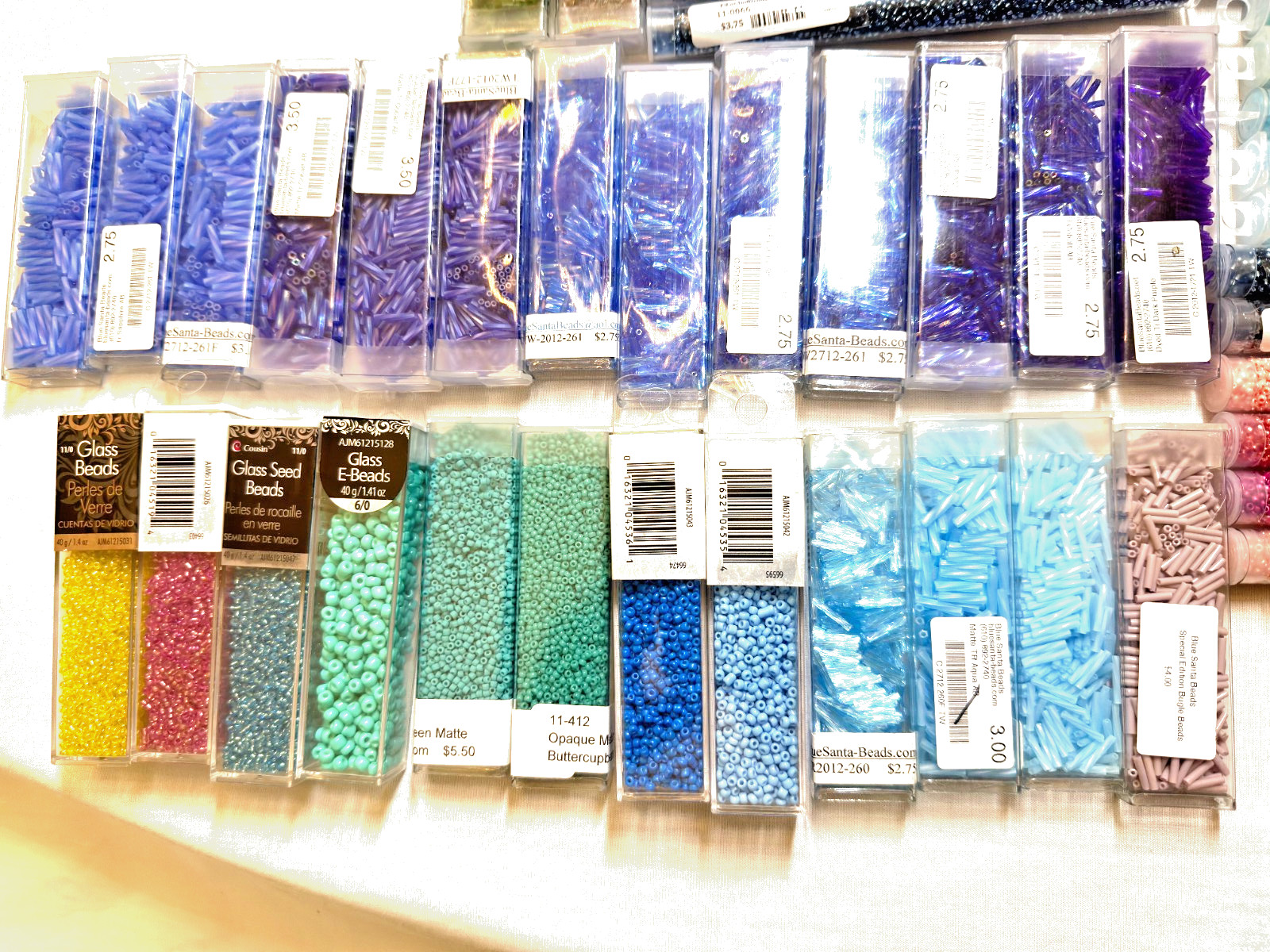 Assorted seed and bugle beads. Various colors, finishes, sizes.
