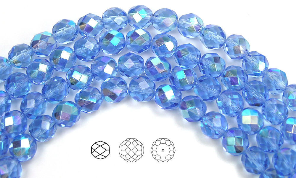 Czech Fire Polished Round Faceted Glass Beads in Light Sapphire AB coated, blue