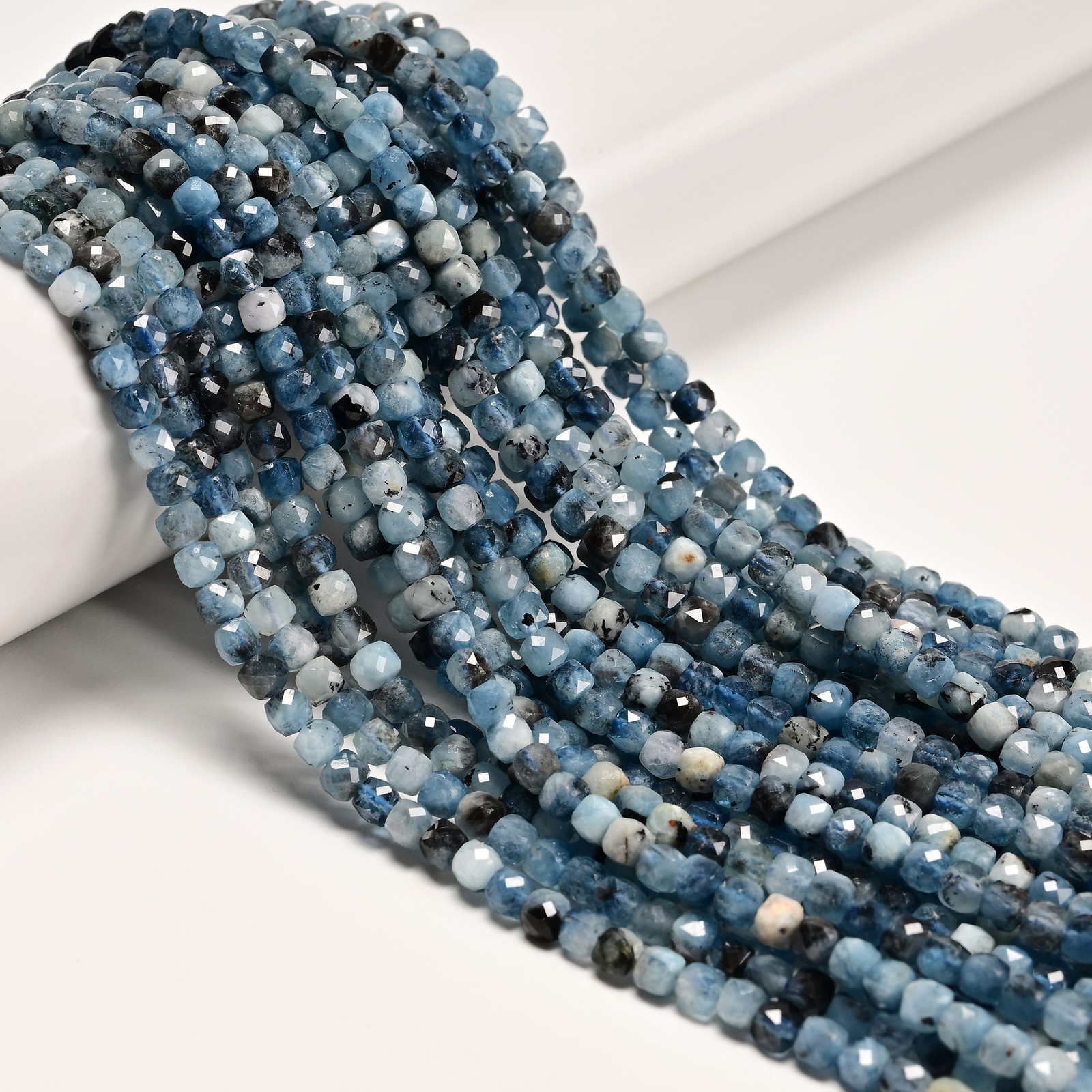 Natural Dark Blue Aquamarine Faceted Cube Beads Size 4mm 15.5” Strand