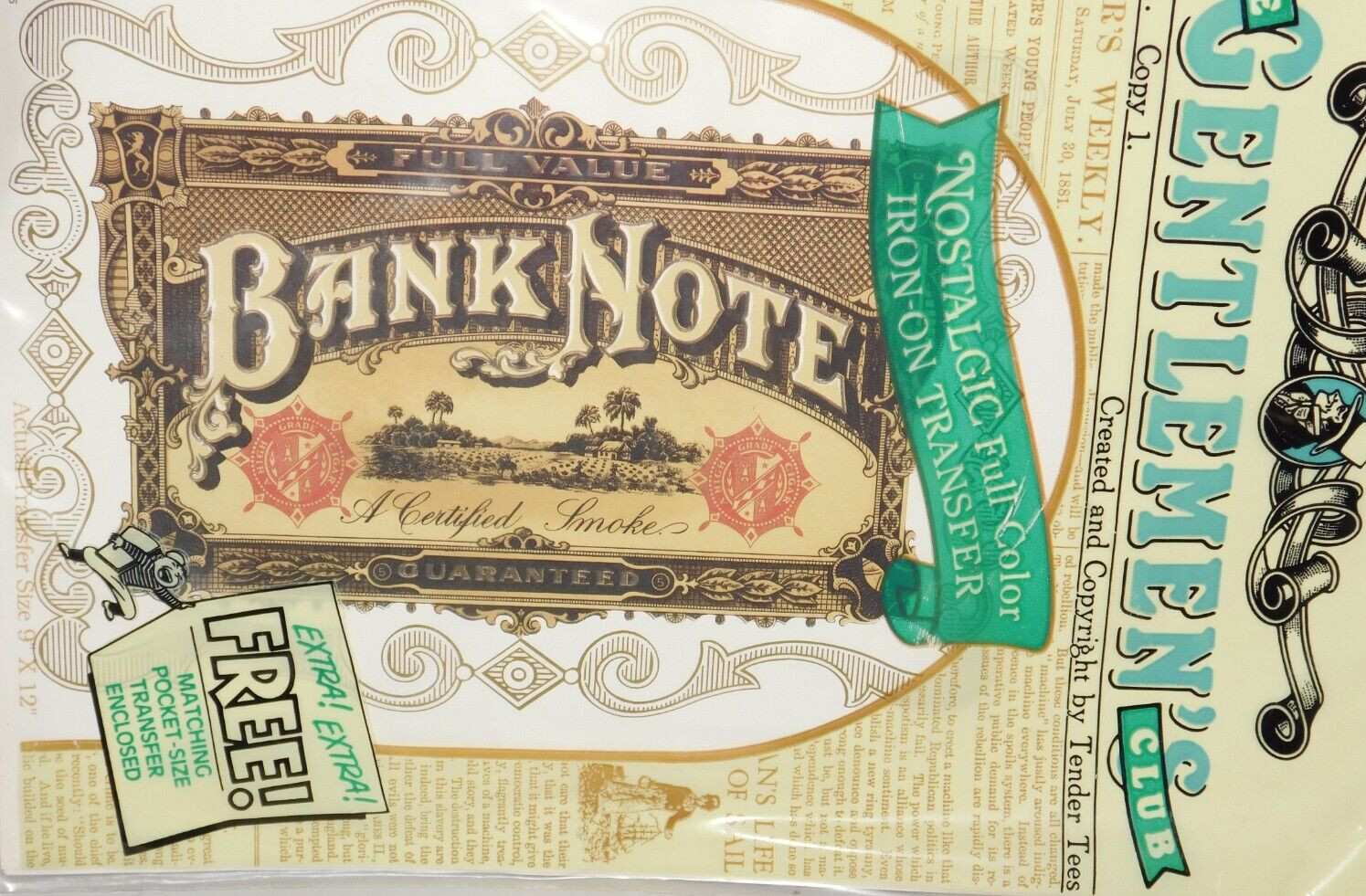 TENDER TEES IRON ON TRANSFER “BANK NOTE CIGAR” Gentlemen’s Club Vtg 1992 NEW NOS