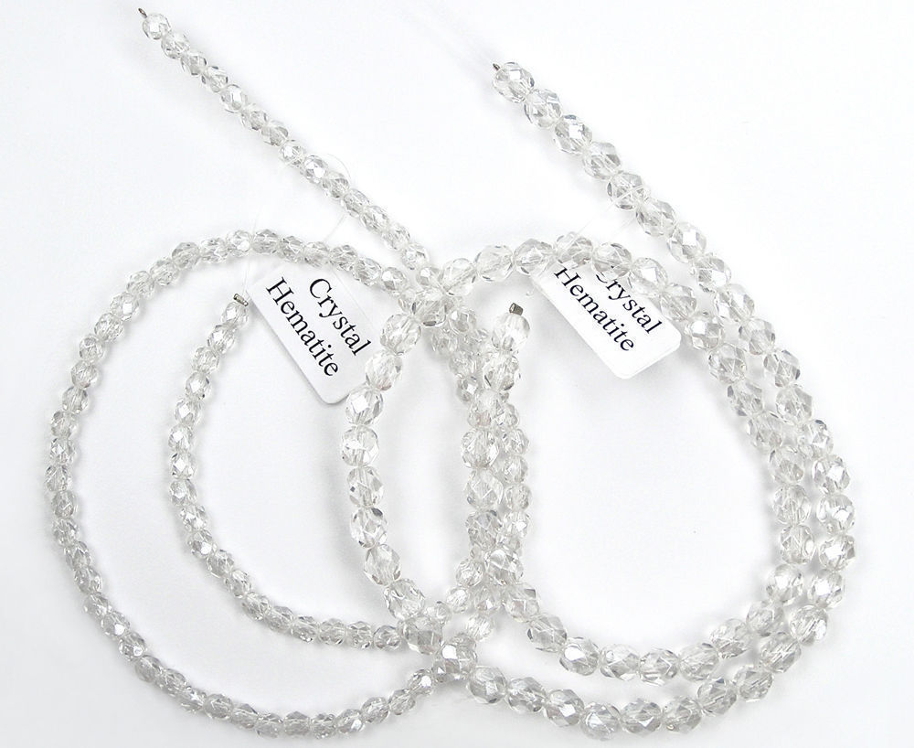 Czech Glass Fire Polished Round Faceted Beads Crystal Hematite White Luster, 16″