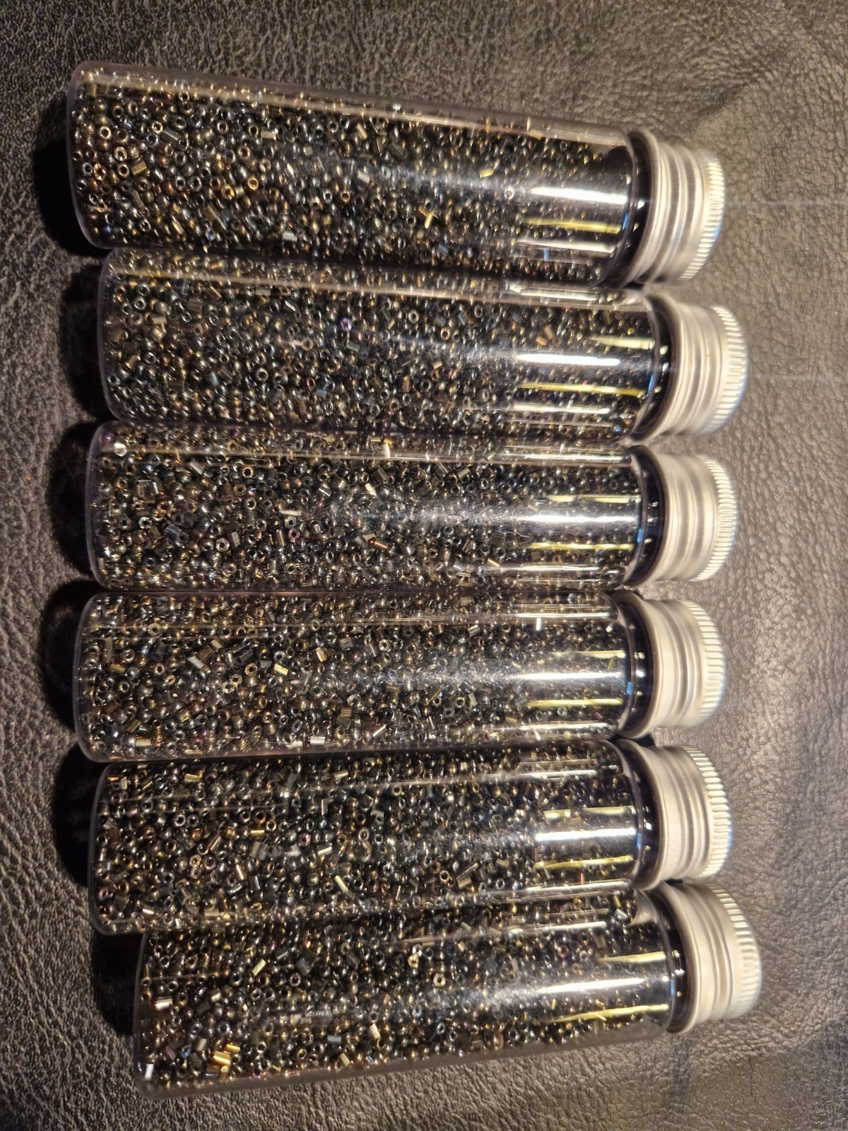 Black Pearlescent Gold Glass Seed Beads Round Tube 2oz