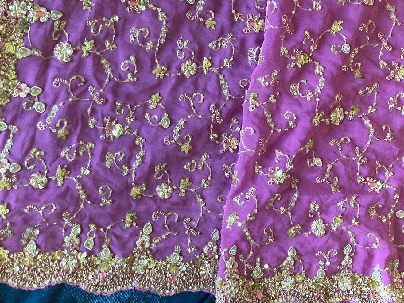 Vintage Indian Orchid Lavender Scarf Zardozi Gold Sequin Kundan Dupatta 100×44